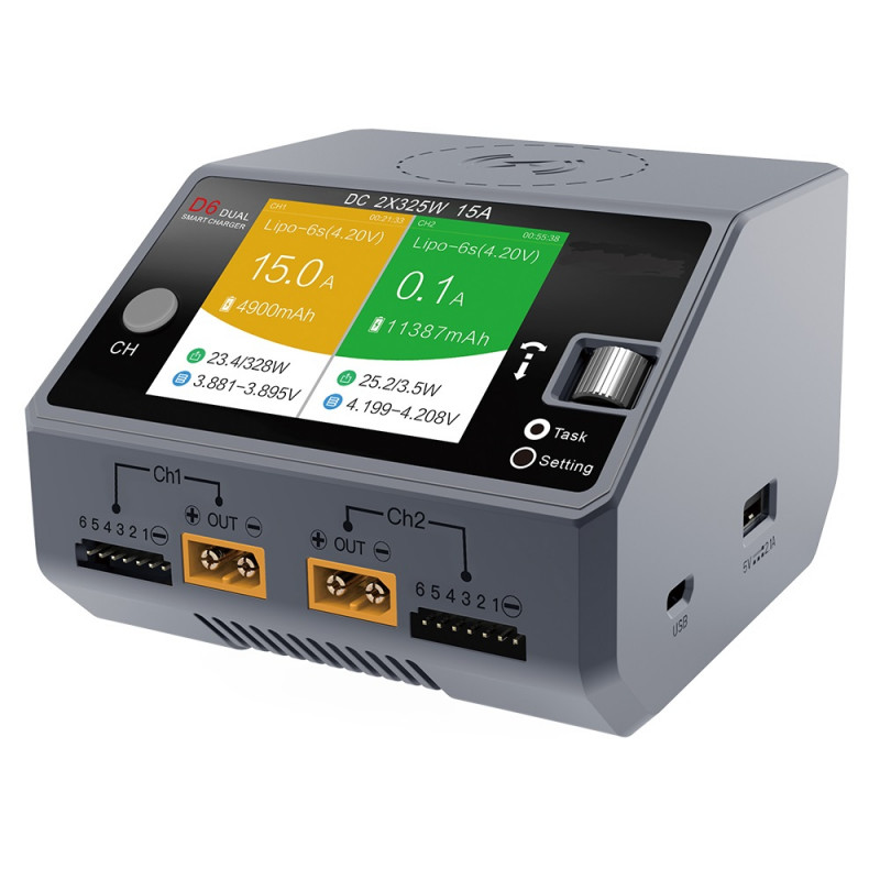 D6 Dual Smart Ladegerät DC 2x 325W für Lipo LiIon NiMH Akku mit iPhone Samsung Wireless Charging